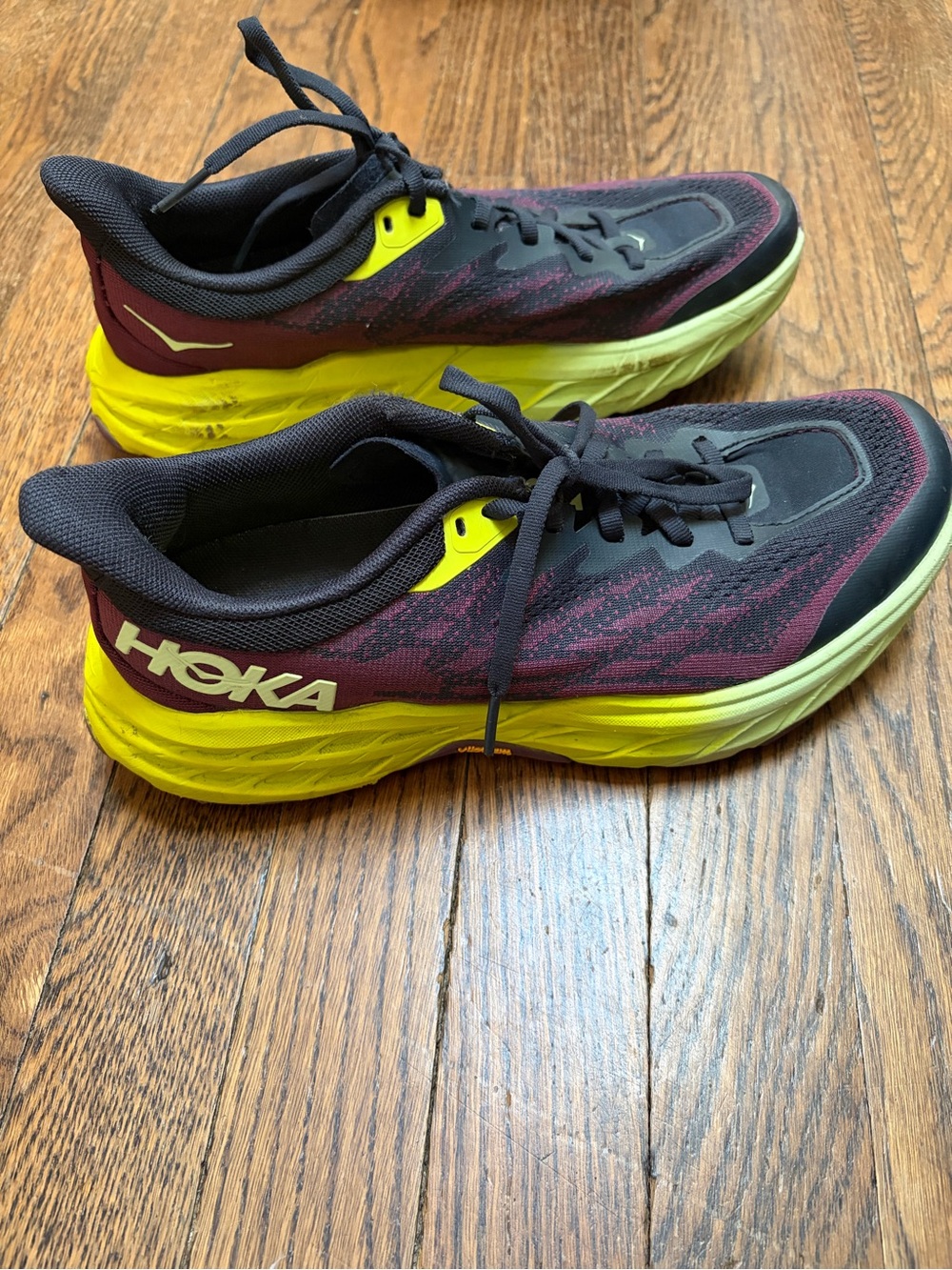 Hoka women’s Speedgoat 5 Running Shoes in Burgundy & Neon Yellow 8.5 B
